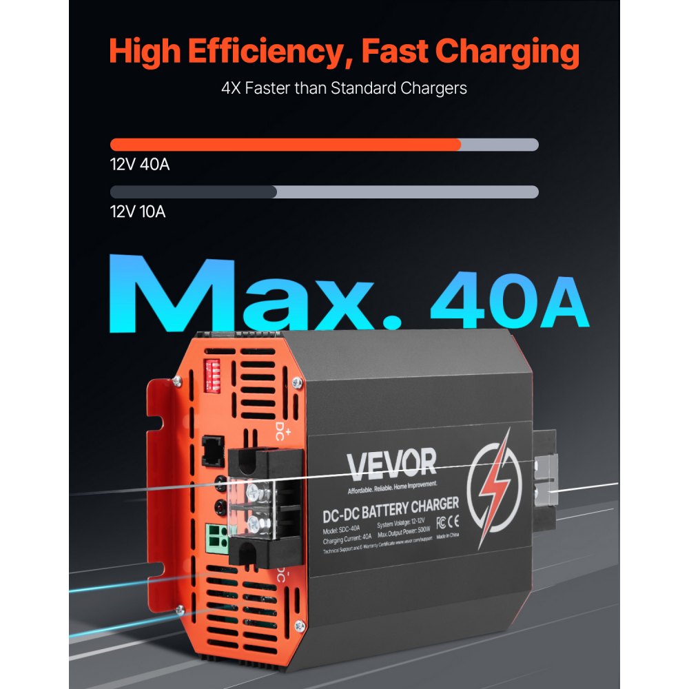 VEVOR 12V 40A DC to DC Battery Charger, 500W, On-Board Battery Charger for Lead-Acid, Lithium, AGM, GEL, and Flooded Batteries, Smart Multi-Stage Charging, for RVs, Commercial Vehicles, Boats, Yachts