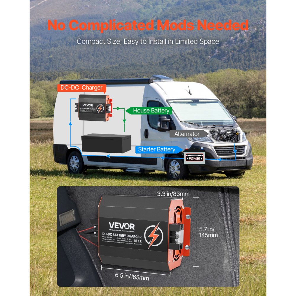 VEVOR 12V 40A DC to DC Battery Charger, 500W, On-Board Battery Charger for Lead-Acid, Lithium, AGM, GEL, and Flooded Batteries, Smart Multi-Stage Charging, for RVs, Commercial Vehicles, Boats, Yachts