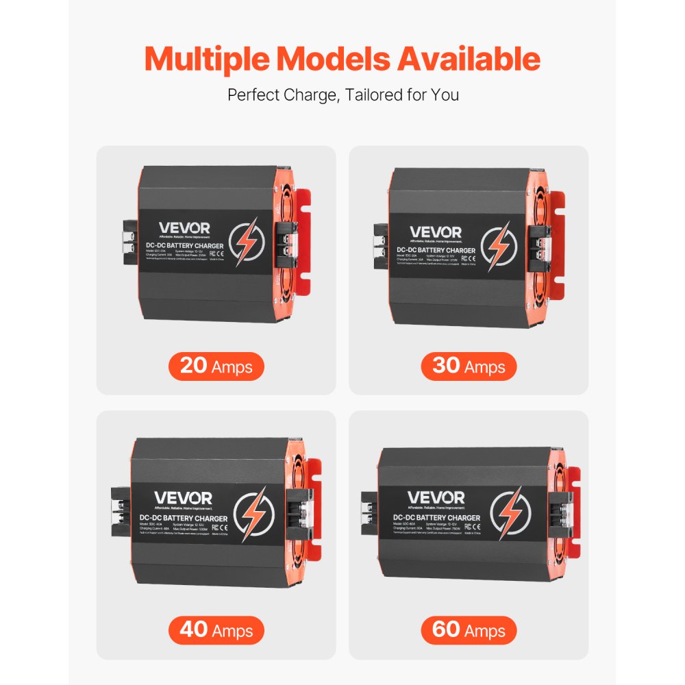 VEVOR 12V 40A DC to DC Battery Charger, 500W, On-Board Battery Charger for Lead-Acid, Lithium, AGM, GEL, and Flooded Batteries, Smart Multi-Stage Charging, for RVs, Commercial Vehicles, Boats, Yachts