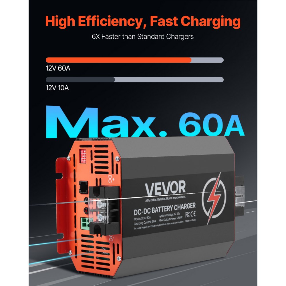 VEVOR 12V 60A DC to DC Battery Charger, 750W, On-Board Battery Charger for Lead-Acid, Lithium, AGM, GEL, and Flooded Batteries, Smart Multi-Stage Charging, for RVs, Commercial Vehicles, Boats, Yachts