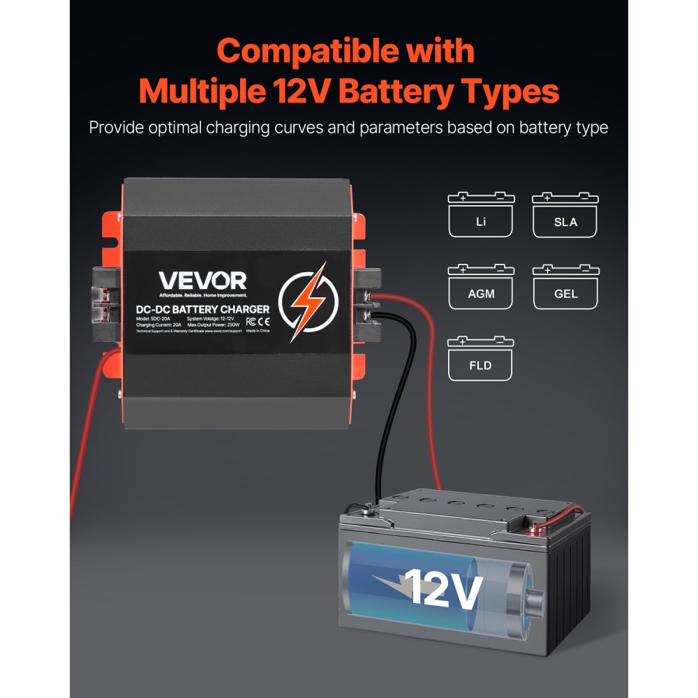 VEVOR 12V 20A DC to DC Battery Charger, 250W, On-Board Battery Charger for Lead-Acid, Lithium, AGM, GEL, and Flooded Batteries, Smart Multi-Stage Charging, for RVs, Commercial Vehicles, Boats, Yachts
