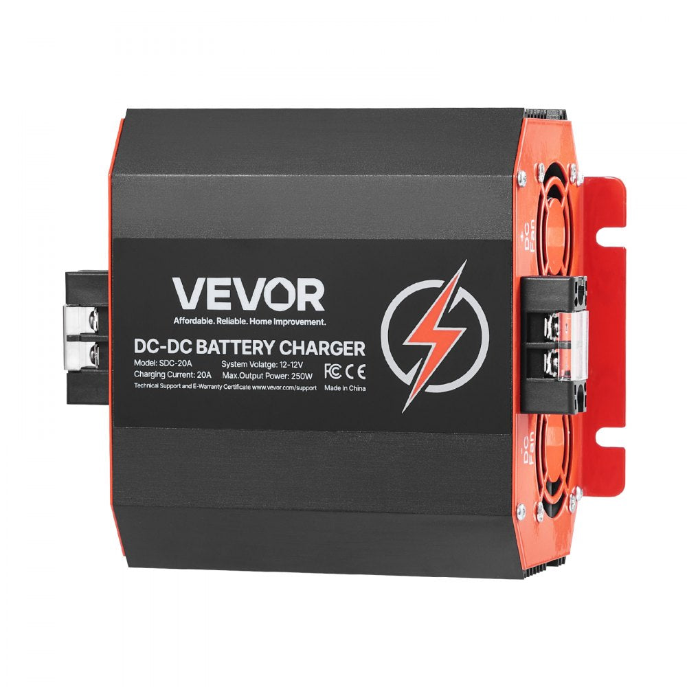 VEVOR 12V 20A DC to DC Battery Charger, 250W, On-Board Battery Charger for Lead-Acid, Lithium, AGM, GEL, and Flooded Batteries, Smart Multi-Stage Charging, for RVs, Commercial Vehicles, Boats, Yachts