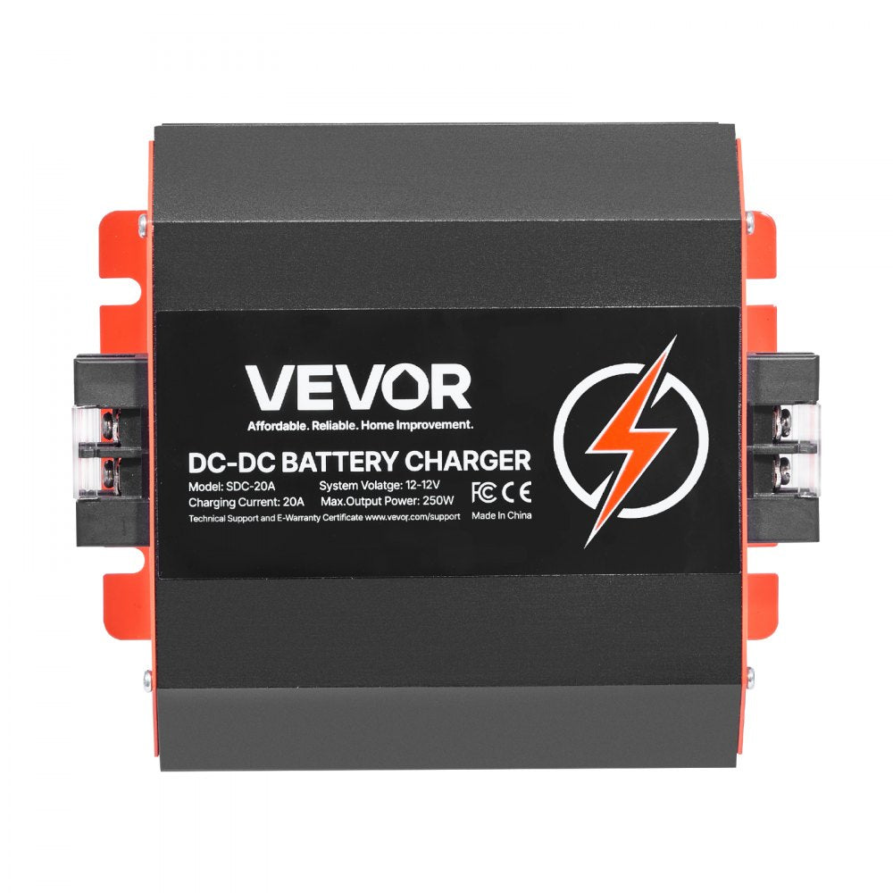 VEVOR 12V 20A DC to DC Battery Charger, 250W, On-Board Battery Charger for Lead-Acid, Lithium, AGM, GEL, and Flooded Batteries, Smart Multi-Stage Charging, for RVs, Commercial Vehicles, Boats, Yachts