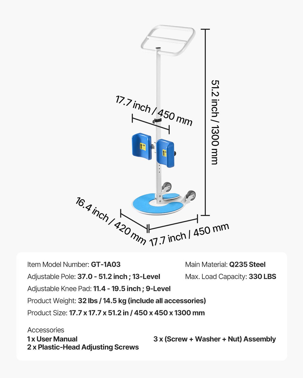 VEVOR stand assist transfer device - dimensions, specifications, and included accessories image