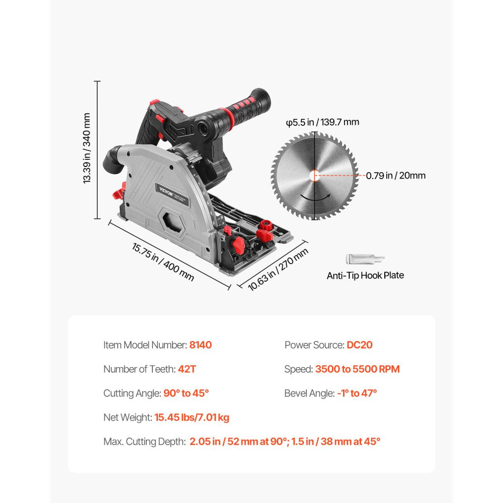 VEVOR Cordless Track Saw, 5-1/2 in Blade, Brushless Plunge Circular Saw Kit, Tracksaw with Hard Case, 2.05 in Cutting Depth, for Wood, Plastic, Metal, Compatible with Makita Batteries (Tool Only)