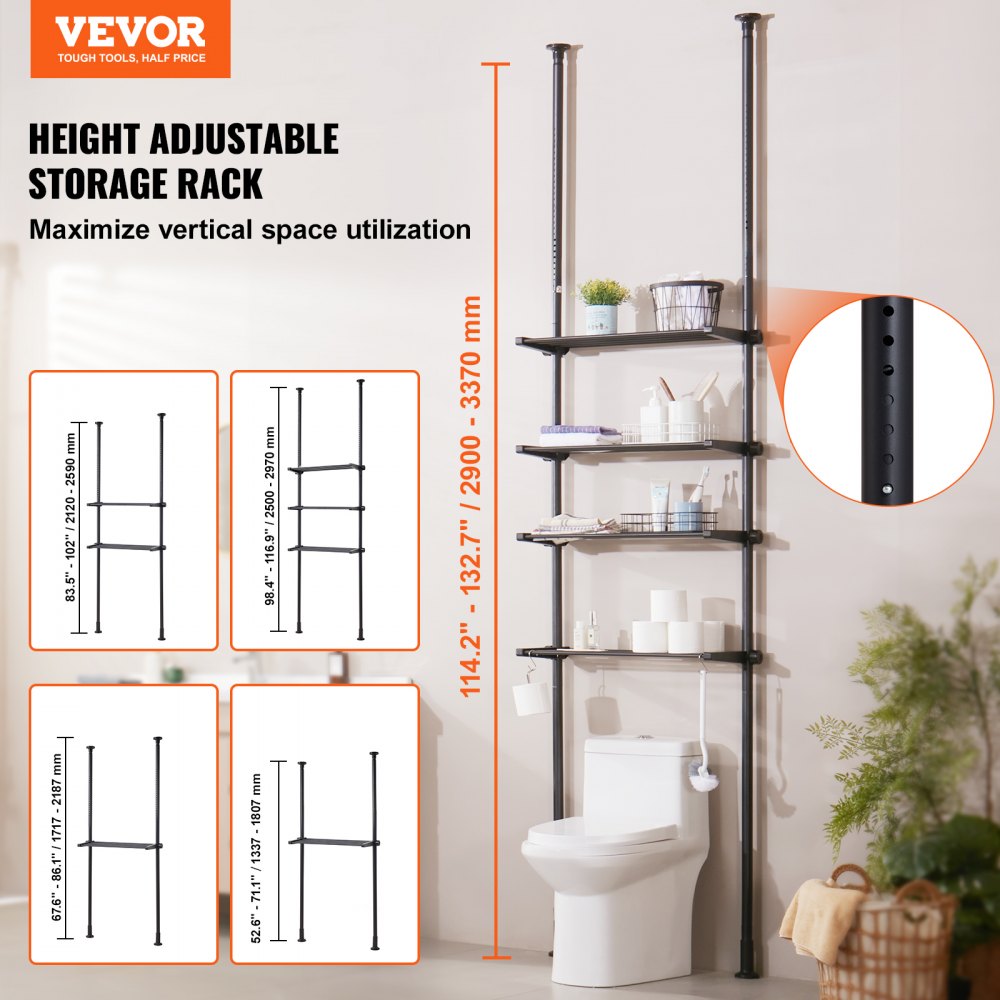 VEVOR Over the Toilet Storage, 4-Tier Adjustable Over Toilet Bathroom Organizer, Low-carbon Steel 53"-132" Tall Storage Shelf Rack, Easy Assembly Laundry Space Saver, for Small Rooms, Fit Most Toilets