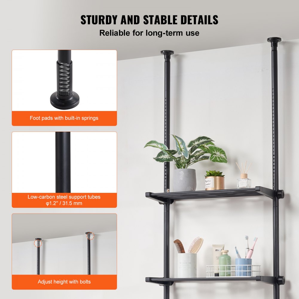 VEVOR Over the Toilet Storage, 4-Tier Adjustable Over Toilet Bathroom Organizer, Low-carbon Steel 53"-132" Tall Storage Shelf Rack, Easy Assembly Laundry Space Saver, for Small Rooms, Fit Most Toilets