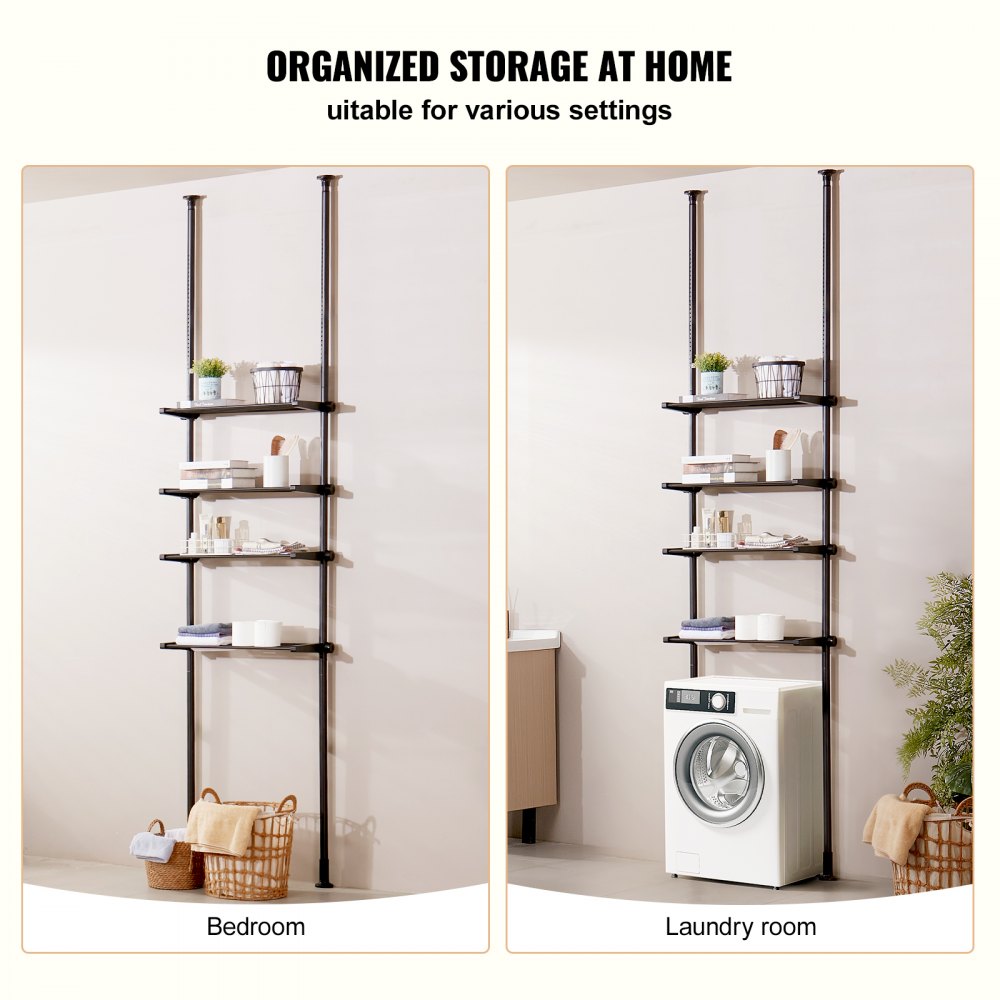 VEVOR Over the Toilet Storage, 4-Tier Adjustable Over Toilet Bathroom Organizer, Low-carbon Steel 53"-132" Tall Storage Shelf Rack, Easy Assembly Laundry Space Saver, for Small Rooms, Fit Most Toilets