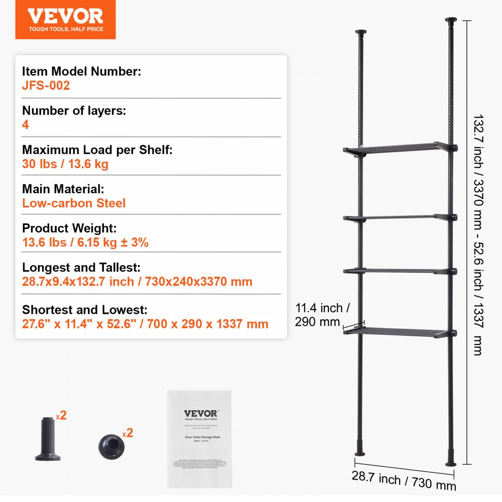 VEVOR Over the Toilet Storage, 4-Tier Adjustable Over Toilet Bathroom Organizer, Low-carbon Steel 53"-132" Tall Storage Shelf Rack, Easy Assembly Laundry Space Saver, for Small Rooms, Fit Most Toilets