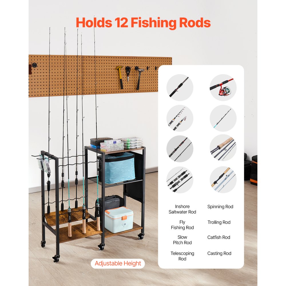 VEVOR Fishing Rod Holder for 12-Rods, Mobile Fishing Pole Rack Cart with Wheels, Fish Gear Equipment Organizer for Garage Home Indoor Use, for Tackle Box Reel Accessories Storage, Gifts for Men