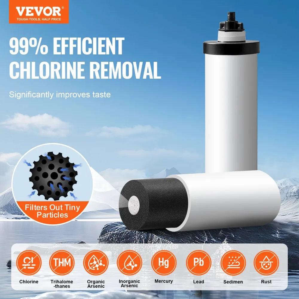 VEVOR Gravity-fed Water Filter System, 2.25G 304 Stainless-Steel Countertop Water Filtration System, Reduces Lead and up to 99% of Chlorine, with 2 Ceramic Carbon Filters, Water Level  Spigot, Stand