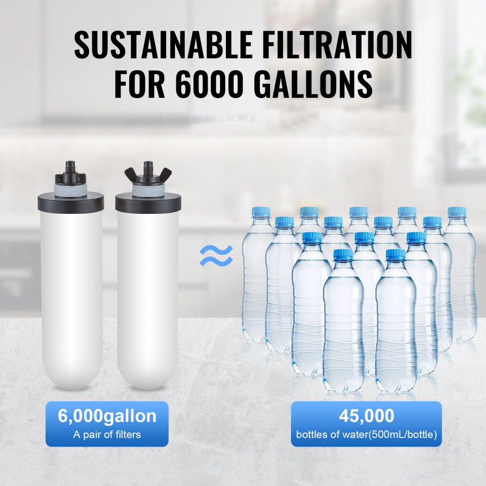 VEVOR Gravity-fed Water Filter System, 2.25G 304 Stainless-Steel Countertop Water Filtration System, Reduces Lead and up to 99% of Chlorine, with 2 Ceramic Carbon Filters, Water Level  Spigot, Stand