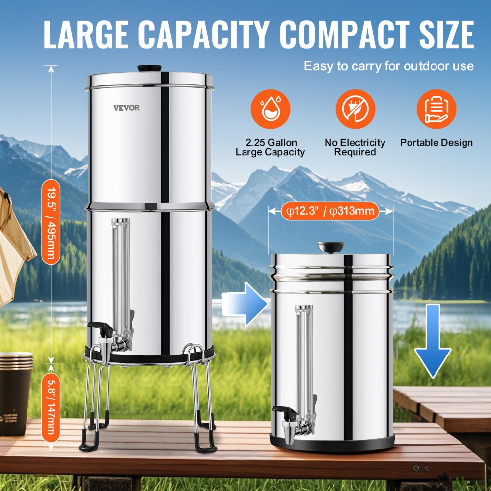 VEVOR Gravity-fed Water Filter System, 2.25G 304 Stainless-Steel Countertop Water Filtration System, Reduces Lead and up to 99% of Chlorine, with 2 Ceramic Carbon Filters, Water Level  Spigot, Stand