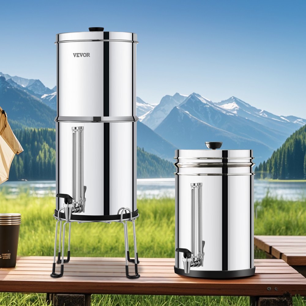 VEVOR Gravity-fed Water Filter System, 2.25G 304 Stainless-Steel Countertop Water Filtration System, Reduces Lead and up to 99% of Chlorine, with 2 Ceramic Carbon Filters, Water Level  Spigot, Stand