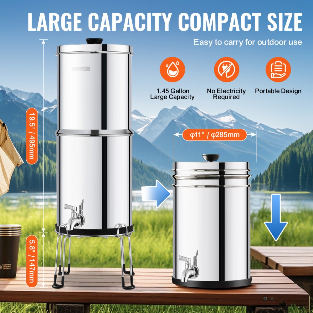 VEVOR Gravity-fed Water Filter System, 2.25G 304 Stainless-Steel Countertop Water Filtration System, Reduces Lead and up to 99% of Chlorine, with 2 Carbon Filters/Spigot/Stand, for Home Camping RV
