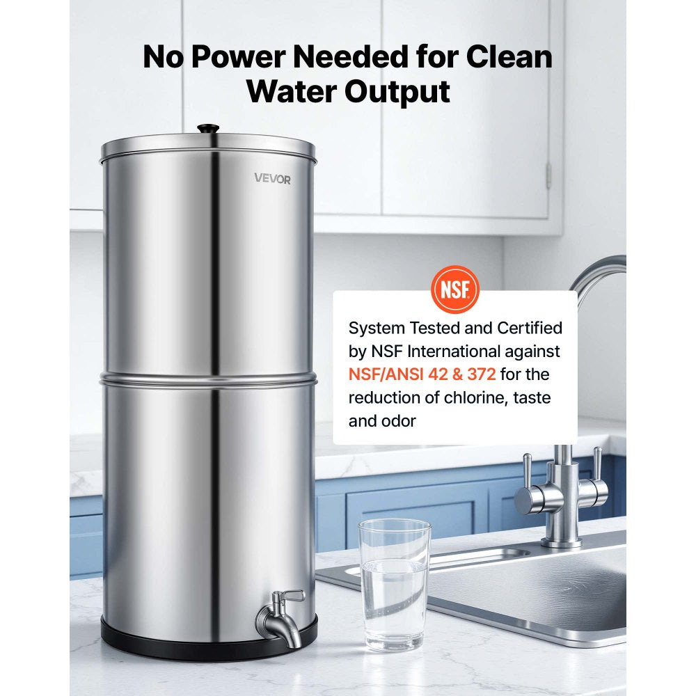 VEVOR Gravity-fed Water Filter System, 3G 304 Stainless-Steel Countertop Water Filtration System, Reduces Lead and up to 99% of Chlorine, with 2 Ceramic Carbon Filters, and Spigot, for Home Camping RV