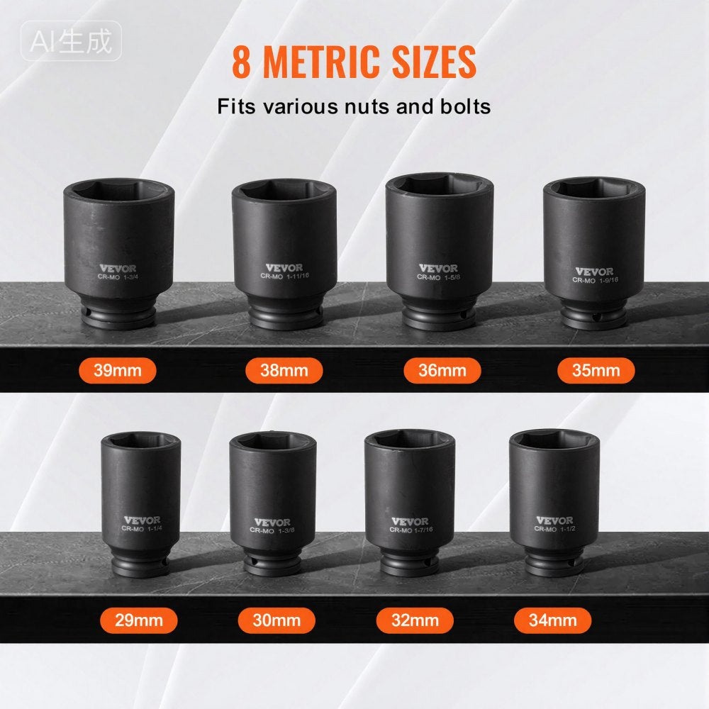 VEVOR Axle Nut Impact Socket Set, 1/2" Drive Deep 12-Point 8-Piece Metric Spindle Nut Socket Set, CR-MO Heat Treated Large Socket Set with Storage Case, Auto Repair, Removing or Installing Axle Nuts
