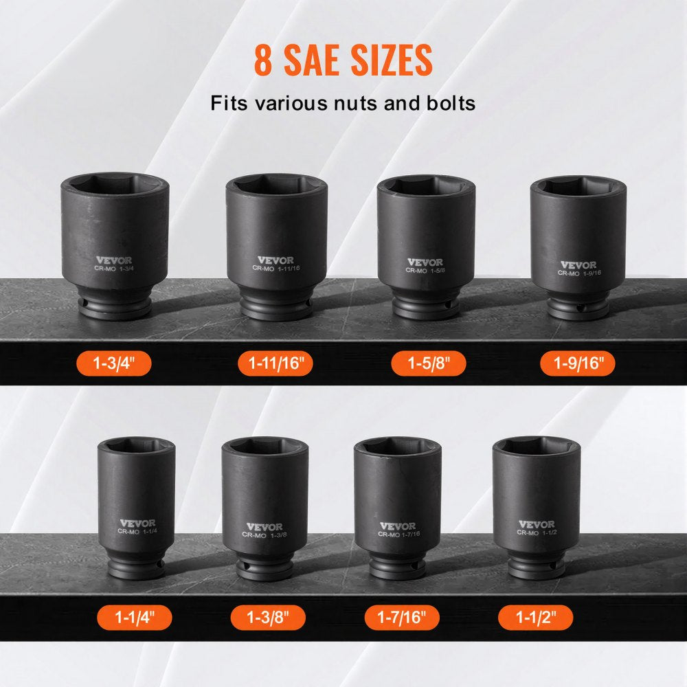 VEVOR Axle Nut Impact Socket Set, 1/2" Drive Deep 6-Point 8-Piece SAE Spindle Nut Socket Set, CR-MO Heat Treated Large Socket Set with Storage Case, for Auto Repair, Removing or Installing Axle Nuts