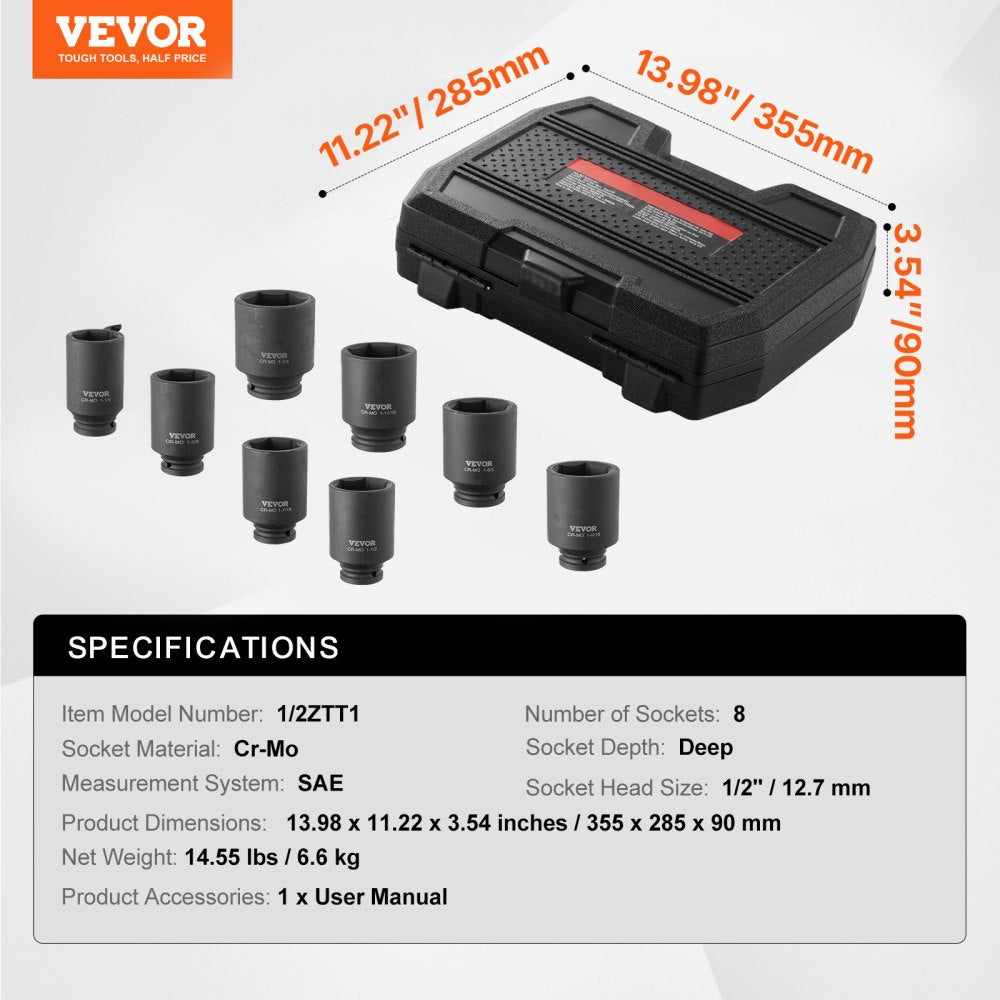 VEVOR Axle Nut Impact Socket Set, 1/2" Drive Deep 6-Point 8-Piece SAE Spindle Nut Socket Set, CR-MO Heat Treated Large Socket Set with Storage Case, for Auto Repair, Removing or Installing Axle Nuts