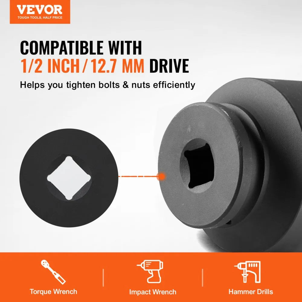 VEVOR Axle Nut Impact Socket Set, 1/2" Drive 6-Point 4-Piece SAE Spindle Nut Socket Set, CR-MO Heat Treated Large Socket Set with Storage Case, for Auto Repair, Removing or Installing Axle Nuts