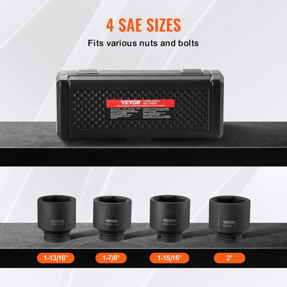 VEVOR Axle Nut Impact Socket Set, 1/2" Drive 6-Point 4-Piece SAE Spindle Nut Socket Set, CR-MO Heat Treated Large Socket Set with Storage Case, for Auto Repair, Removing or Installing Axle Nuts