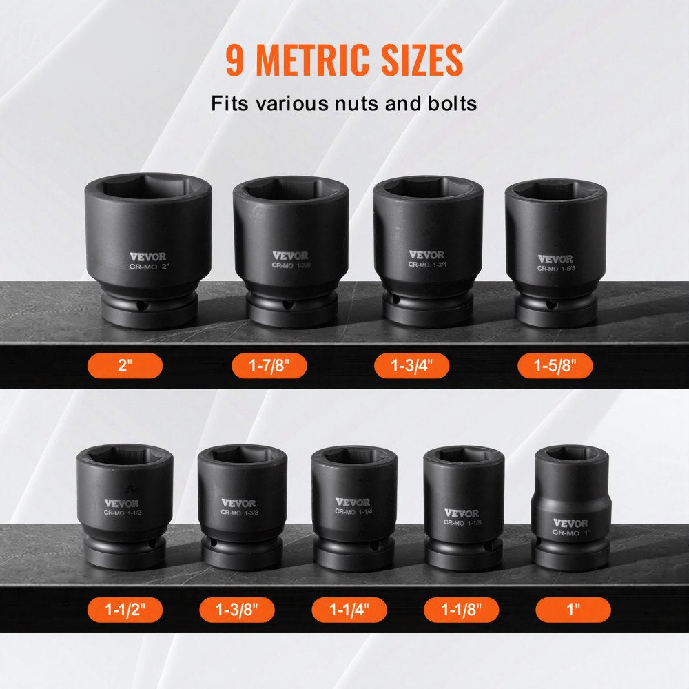 VEVOR Axle Nut Impact Socket Set, 1" Drive 6-Point 9-Piece SAE Spindle Nut Socket Set, CR-MO Heat Treated Large Socket Set with Storage Case, for Auto Repair, Removing or Installing Axle Nuts