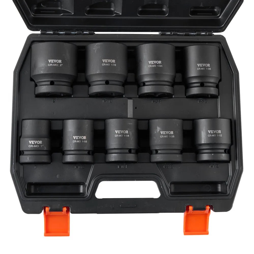 VEVOR Axle Nut Impact Socket Set, 1" Drive 6-Point 9-Piece SAE Spindle Nut Socket Set, CR-MO Heat Treated Large Socket Set with Storage Case, for Auto Repair, Removing or Installing Axle Nuts