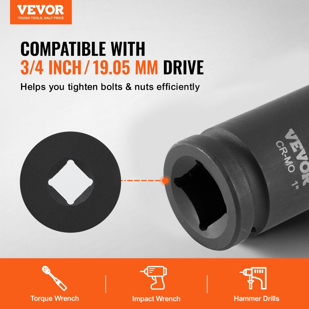 VEVOR Axle Nut Impact Socket Set, 3/4" Drive Deep 6-Point 8-Piece SAE Spindle Nut Socket Set, CR-MO Heat Treated Large Socket Set with Storage Case, for Auto Repair, Removing or Installing Axle Nuts