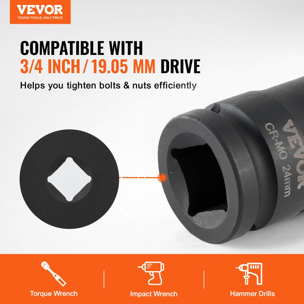 VEVOR Axle Nut Impact Socket Set, 3/4" Drive 6-Point 8-Piece Metric Spindle Nut Socket Set, CR-MO Heat Treated Large Socket Set with Storage Case, for Auto Repair, Removing or Installing Axle Nuts