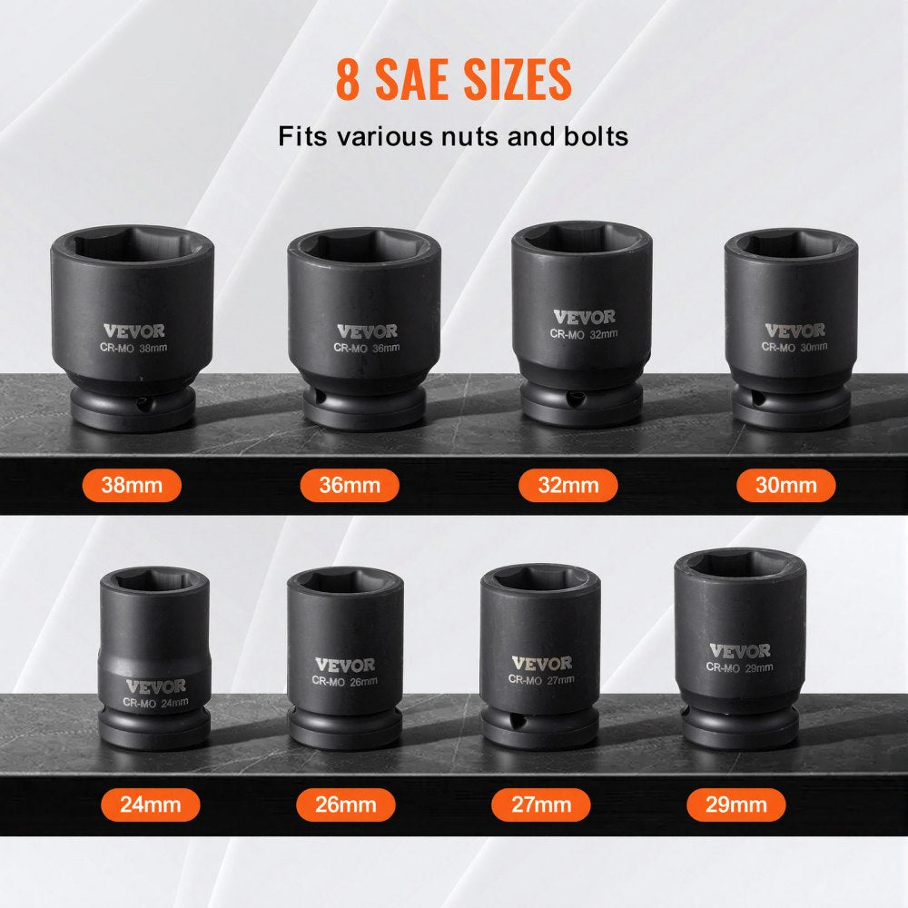 VEVOR Axle Nut Impact Socket Set, 3/4" Drive 6-Point 8-Piece Metric Spindle Nut Socket Set, CR-MO Heat Treated Large Socket Set with Storage Case, for Auto Repair, Removing or Installing Axle Nuts