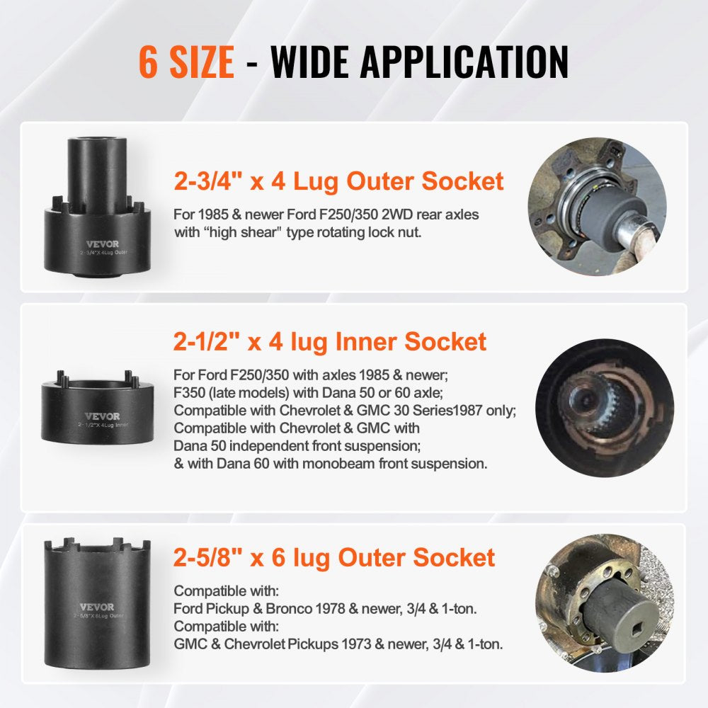 VEVOR Spindle Nut Socket Tool Kit, 1/2 inch Drive 6 Piece Axle Hub Nut Socket Set, for Toyota, Ford, 4WD Vehicles and GM Vehicles, with Storage Case, Axle Spindle Nut Retainers Remover