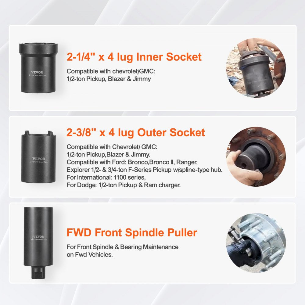 VEVOR Spindle Nut Socket Tool Kit, 1/2 inch Drive 6 Piece Axle Hub Nut Socket Set, for Toyota, Ford, 4WD Vehicles and GM Vehicles, with Storage Case, Axle Spindle Nut Retainers Remover
