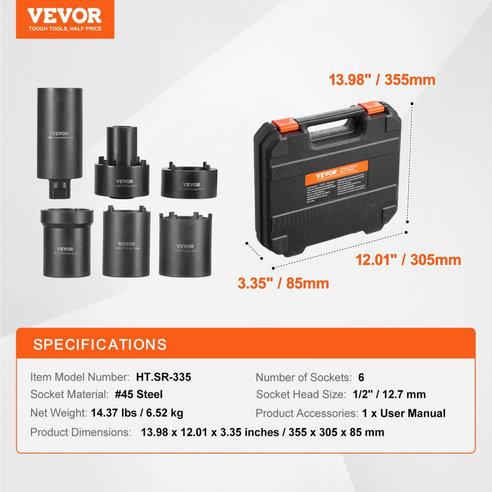 VEVOR Spindle Nut Socket Tool Kit, 1/2 inch Drive 6 Piece Axle Hub Nut Socket Set, for Toyota, Ford, 4WD Vehicles and GM Vehicles, with Storage Case, Axle Spindle Nut Retainers Remover