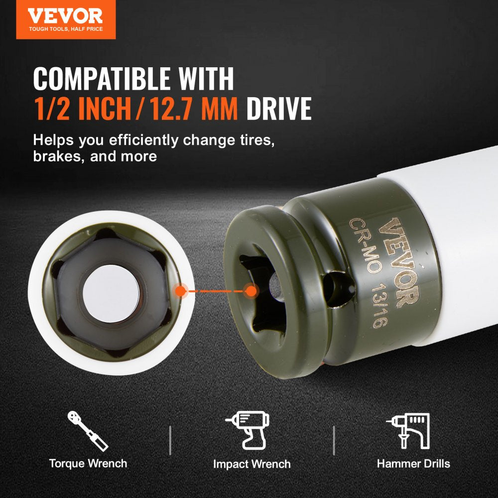 VEVOR Lug Nut Impact Socket Set, 1/2 inch Drive Metric and SAE 6-Point Deep Socket Set, 8 Total Lug Nut Sizes, CR-MO Steel Wheel Socket Set with Storage Case and Extension Bar, for Auto Repair