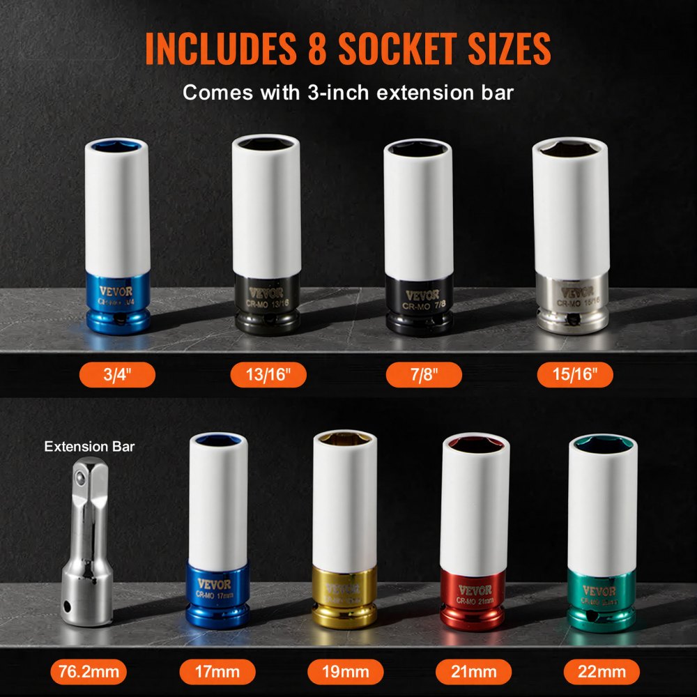 VEVOR Lug Nut Impact Socket Set, 1/2 inch Drive Metric and SAE 6-Point Deep Socket Set, 8 Total Lug Nut Sizes, CR-MO Steel Wheel Socket Set with Storage Case and Extension Bar, for Auto Repair