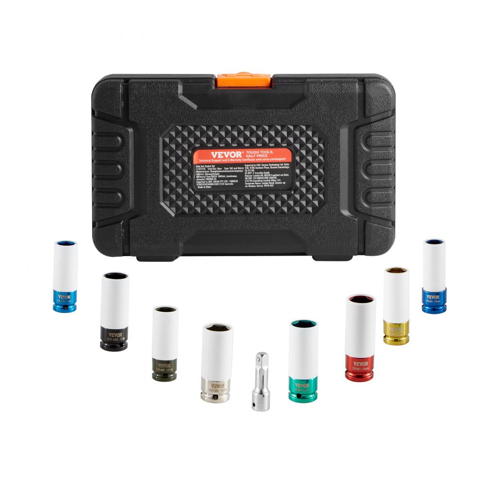 VEVOR Lug Nut Impact Socket Set, 1/2 inch Drive Metric and SAE 6-Point Deep Socket Set, 8 Total Lug Nut Sizes, CR-MO Steel Wheel Socket Set with Storage Case and Extension Bar, for Auto Repair