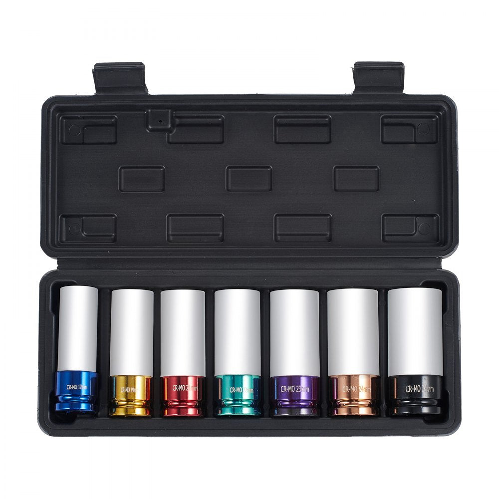 VEVOR Lug Nut Impact Socket Set, 1/2 inch Drive Metric 6-Point Deep Socket Set, 7 Total Lug Nut Sizes 17/19/21/22/23/24/27mm, CR-MO Steel Wheel Socket Set with Storage Case, for Auto Repair