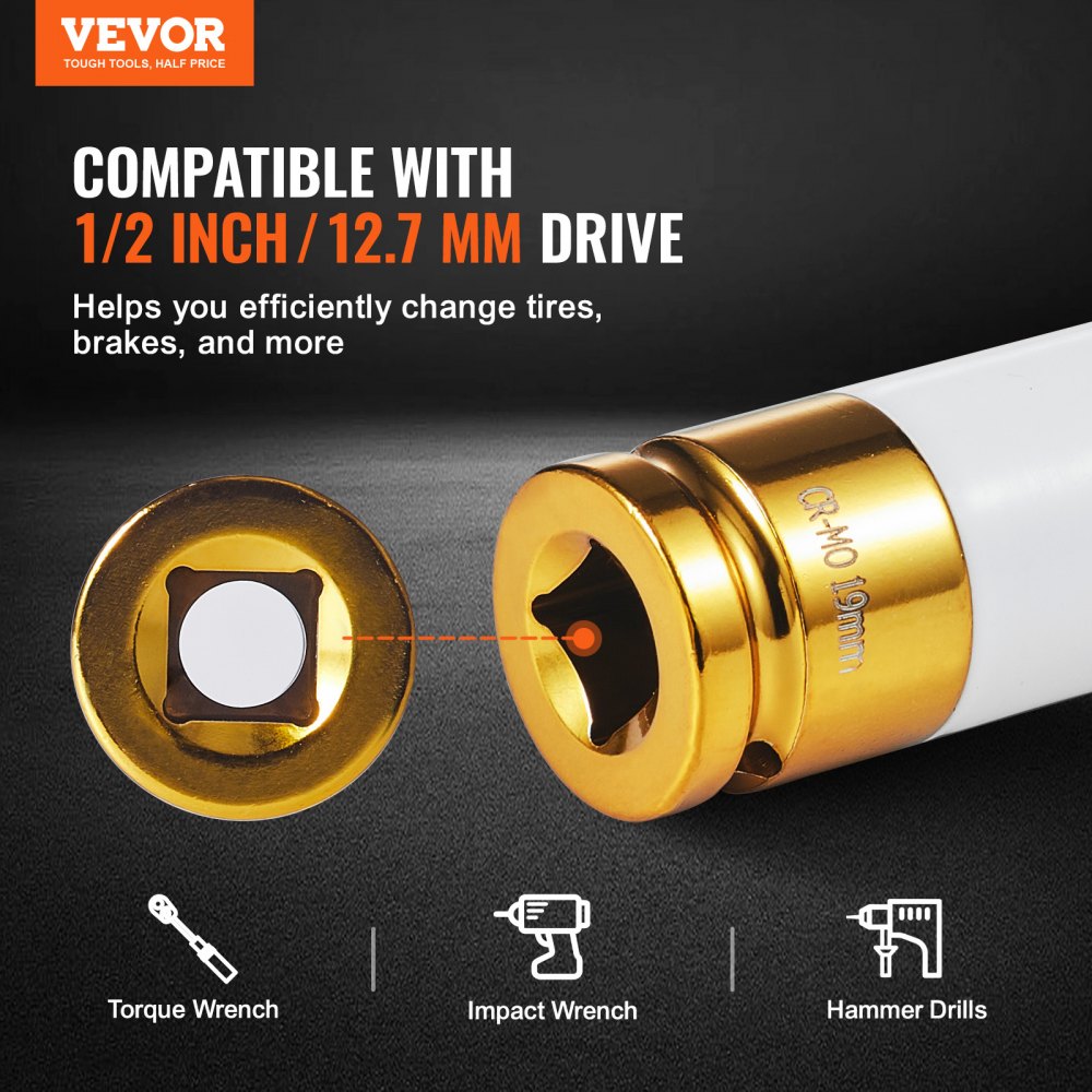 VEVOR Lug Nut Impact Socket Set, 1/2 inch Drive Metric 6-Point Deep Socket Set, 7 Total Lug Nut Sizes 17/19/21/22/23/24/27mm, CR-MO Steel Wheel Socket Set with Storage Case, for Auto Repair