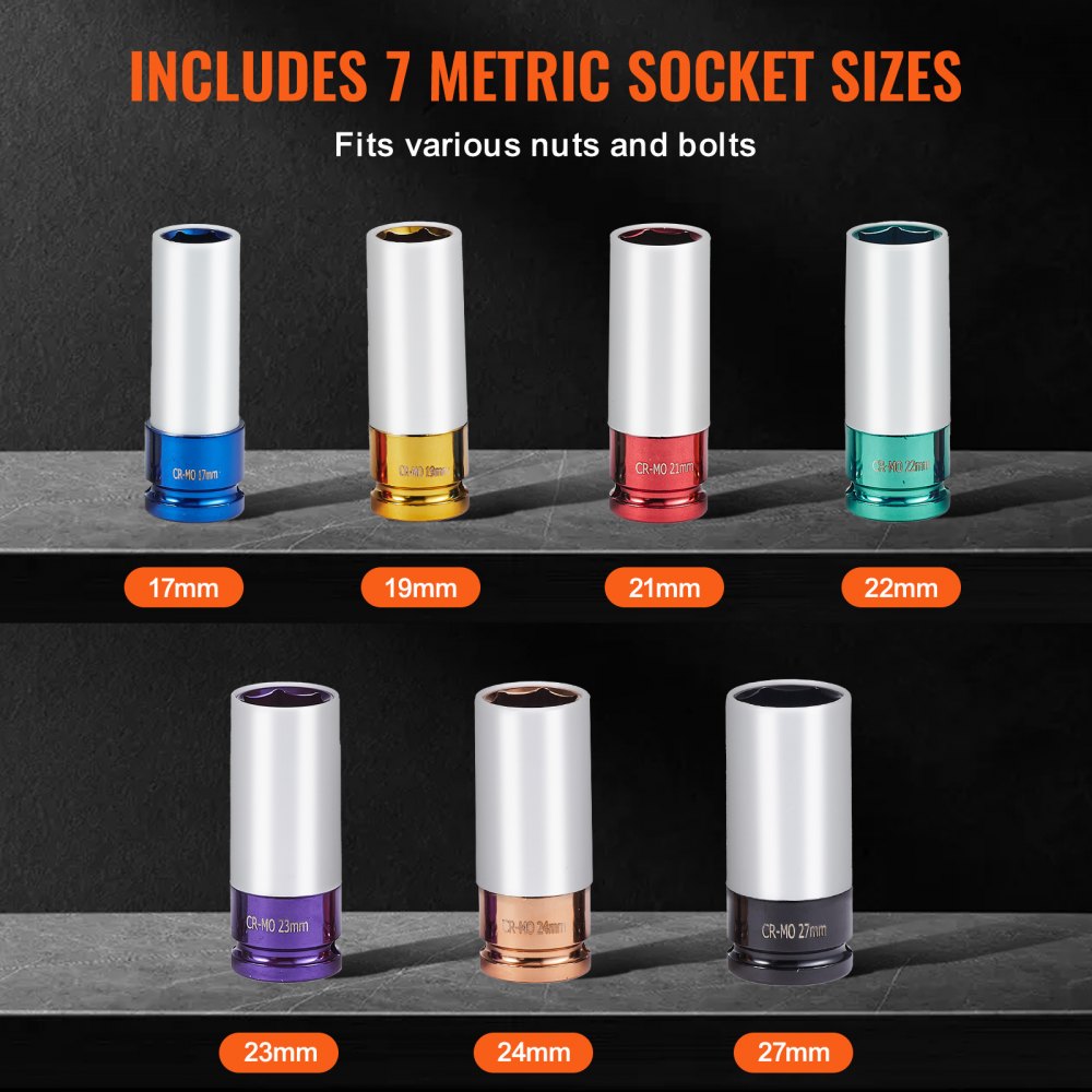 VEVOR Lug Nut Impact Socket Set, 1/2 inch Drive Metric 6-Point Deep Socket Set, 7 Total Lug Nut Sizes 17/19/21/22/23/24/27mm, CR-MO Steel Wheel Socket Set with Storage Case, for Auto Repair
