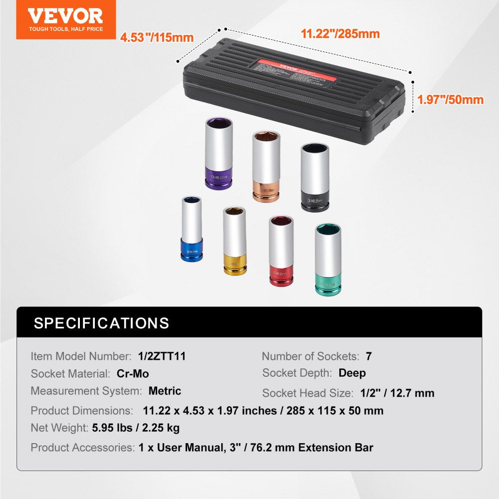 VEVOR Lug Nut Impact Socket Set, 1/2 inch Drive Metric 6-Point Deep Socket Set, 7 Total Lug Nut Sizes 17/19/21/22/23/24/27mm, CR-MO Steel Wheel Socket Set with Storage Case, for Auto Repair