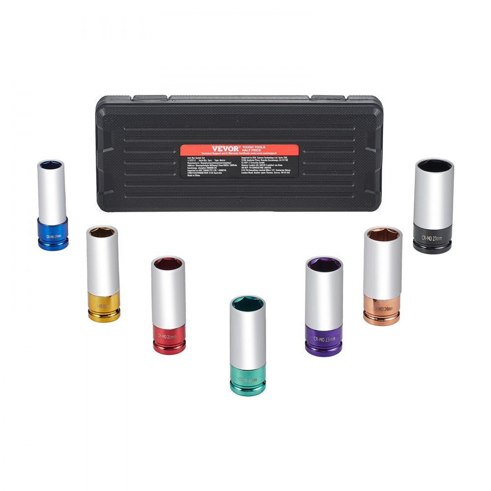 VEVOR Lug Nut Impact Socket Set, 1/2 inch Drive Metric 6-Point Deep Socket Set, 7 Total Lug Nut Sizes 17/19/21/22/23/24/27mm, CR-MO Steel Wheel Socket Set with Storage Case, for Auto Repair