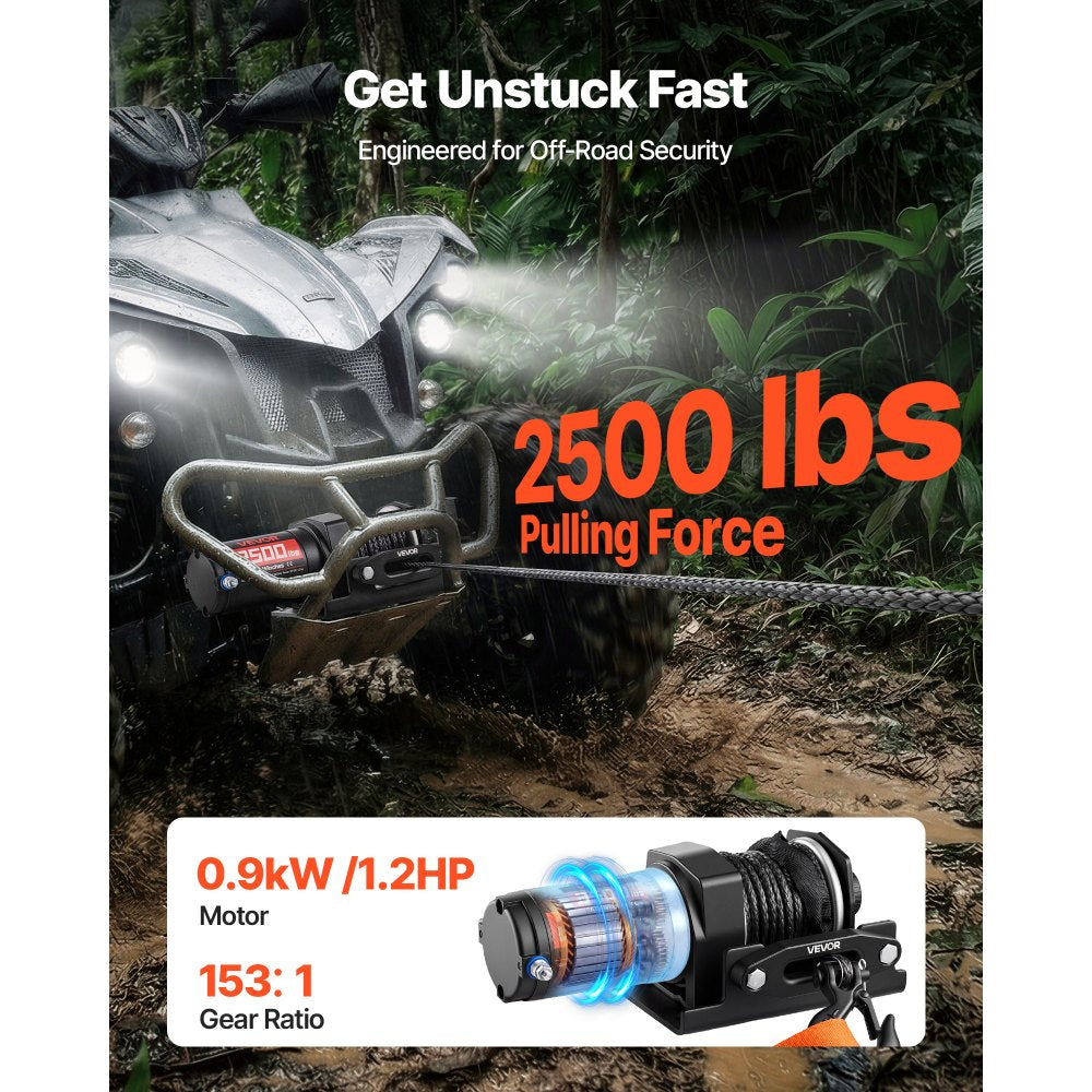 VEVOR 2500 lbs Electric Winch, 12V DC ATV/UTV Winch with Φ0.19 in x 39.4 ft Synthetic Rope & Wired Remote Control, IP55 Waterproof, Aluminum Housing Fairlead Mount Plate for Towing ATV, Black