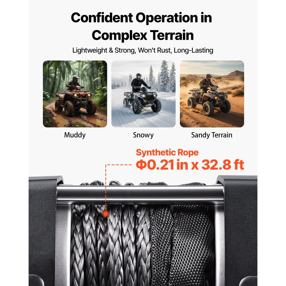 VEVOR 3500 lbs Electric Winch, 12V DC ATV/UTV Winch with Φ0.21 in x 32.8 ft Synthetic Rope & Wired Remote Control, IP55 Waterproof, Aluminum Housing Fairlead Mount Plate for Towing ATV, Black