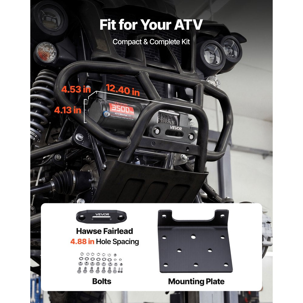 VEVOR 3500 lbs Electric Winch, 12V DC ATV/UTV Winch with Φ0.21 in x 32.8 ft Synthetic Rope & Wired Remote Control, IP55 Waterproof, Aluminum Housing Fairlead Mount Plate for Towing ATV, Black