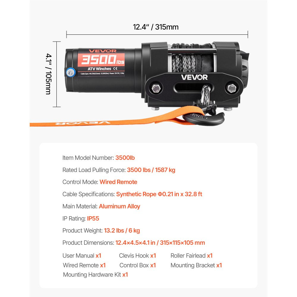 VEVOR 3500 lbs Electric Winch, 12V DC ATV/UTV Winch with Φ0.21 in x 32.8 ft Synthetic Rope & Wired Remote Control, IP55 Waterproof, Aluminum Housing Fairlead Mount Plate for Towing ATV, Black