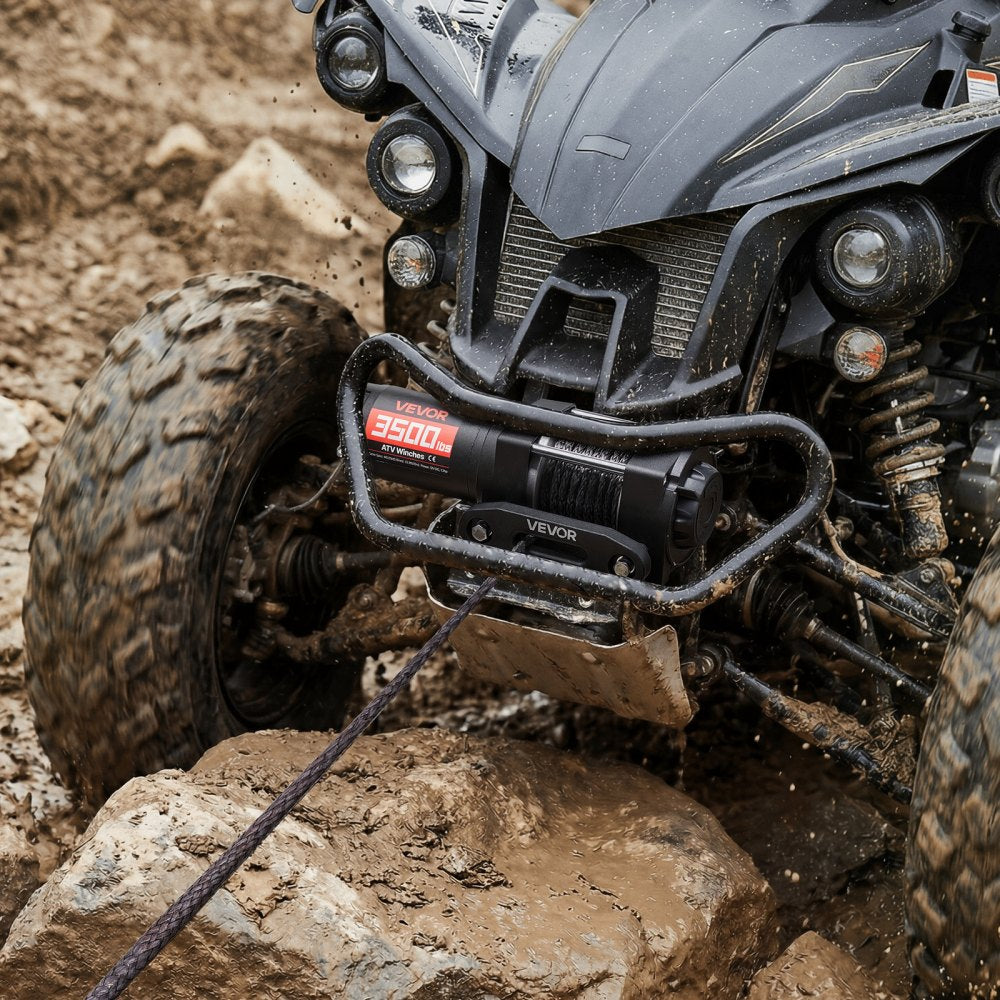 VEVOR 3500 lbs Electric Winch, 12V DC ATV/UTV Winch with Φ0.21 in x 32.8 ft Synthetic Rope & Wired Remote Control, IP55 Waterproof, Aluminum Housing Fairlead Mount Plate for Towing ATV, Black