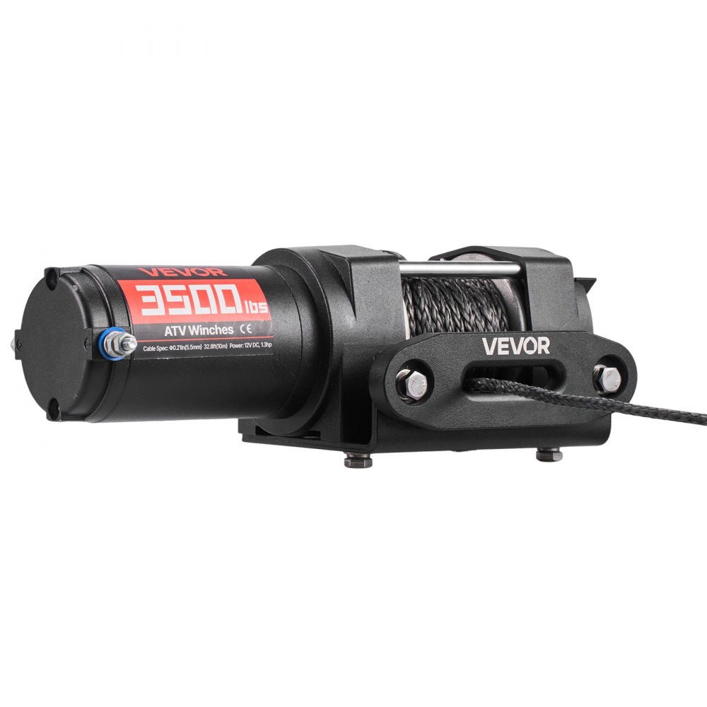 VEVOR 3500 lbs Electric Winch, 12V DC ATV/UTV Winch with Φ0.21 in x 32.8 ft Synthetic Rope & Wired Remote Control, IP55 Waterproof, Aluminum Housing Fairlead Mount Plate for Towing ATV, Black