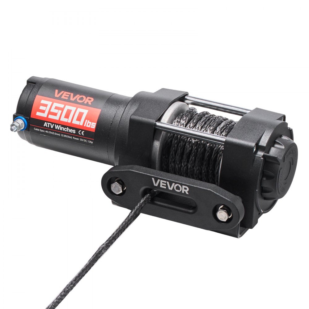 VEVOR 3500 lbs Electric Winch, 12V DC ATV/UTV Winch with Φ0.21 in x 32.8 ft Synthetic Rope & Wired Remote Control, IP55 Waterproof, Aluminum Housing Fairlead Mount Plate for Towing ATV, Black