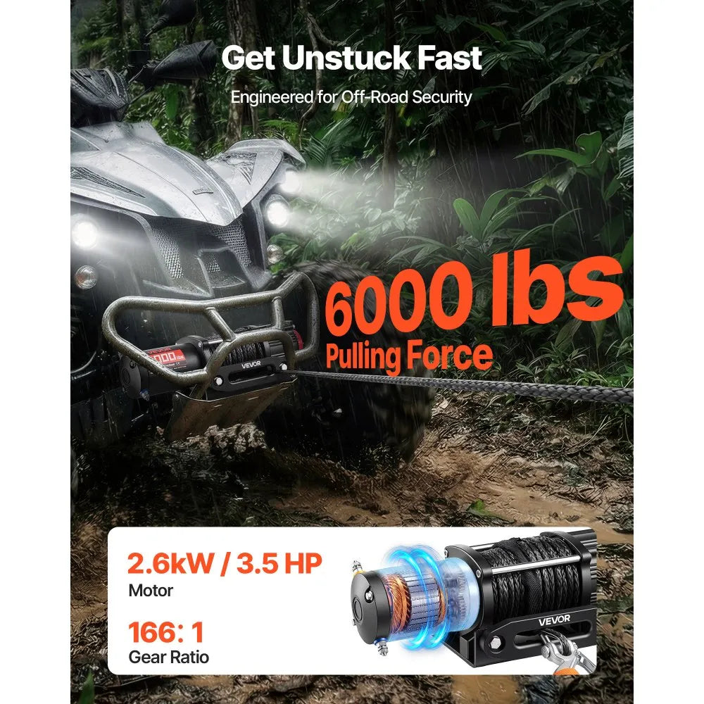 VEVOR 6000 lbs Electric Winch, 12V DC ATV/UTV Winch with Φ0.24 in x 49.2 ft Synthetic Rope, Wireless & Wired Remote Control, IP55 Waterproof, with Fairlead Mount Plate for Towing ATV UTV Off-Road