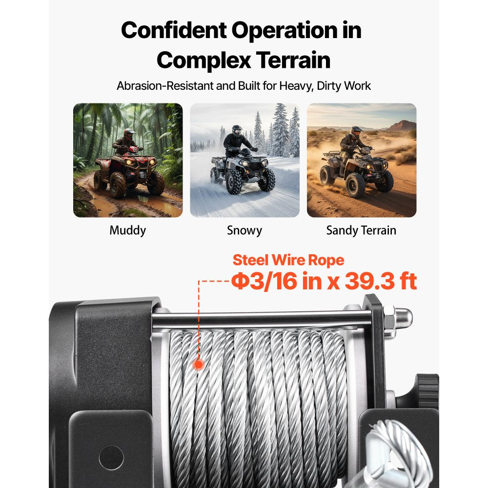 VEVOR 3000 lbs Electric Winch, 12V DC ATV/UTV Winch with Φ3/16 in x 39.4 ft Steel Wire Rope & Wired Remote Control, IP55 Waterproof, Aluminum Housing Fairlead Mount Plate for Towing ATV, Black